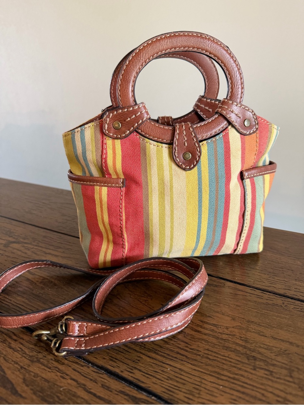 Vintage Fossil Canvas Boho Purse Multicolor Striped Bag Leather Shoulder Bag - Picture 2 of 15